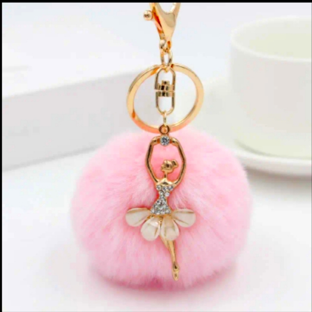 NEW! Rhinestone Pointe 🩰 Ballerina w/ Pink Puff Keychain Bag 🎒👜 Charm ~ 🎁